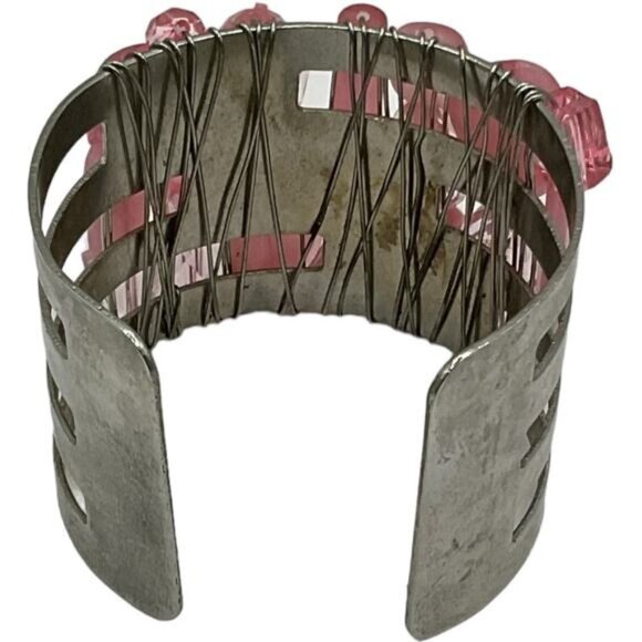 Vintage Silver Cuff Bracelet With Pink Gemstone Beads & Wire Detailing - Picture 4 of 6